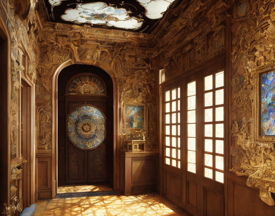 Elaborate Baroque Room with Golden Panels & Stained Glass