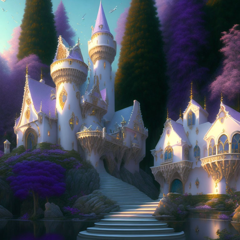 Fantasy castle with spires in purple foliage at dusk