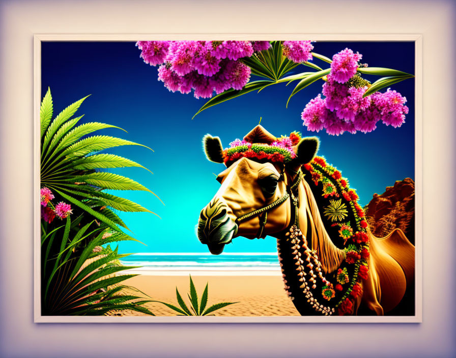 Decorated camel with flowers on beach surrounded by lush plants and pink blossoms