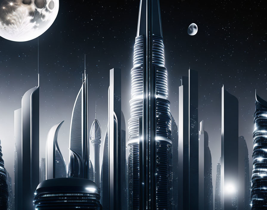 Futuristic night cityscape with sleek skyscrapers and starry sky