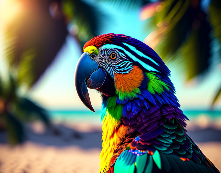 Colorful Macaw Perched Among Palm Trees on Tropical Beach