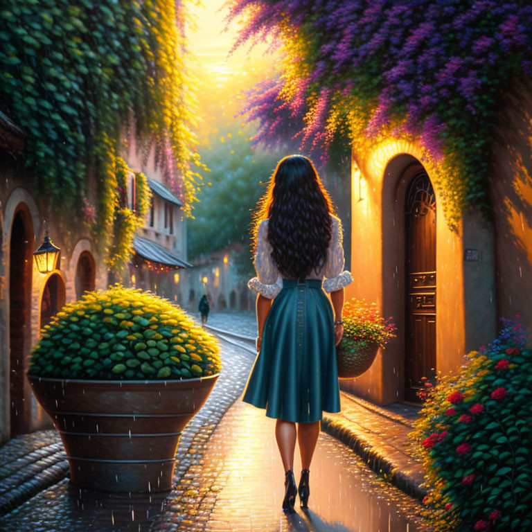 Woman in teal skirt and white blouse walking in cobblestone alley with flowers and vines at sunset
