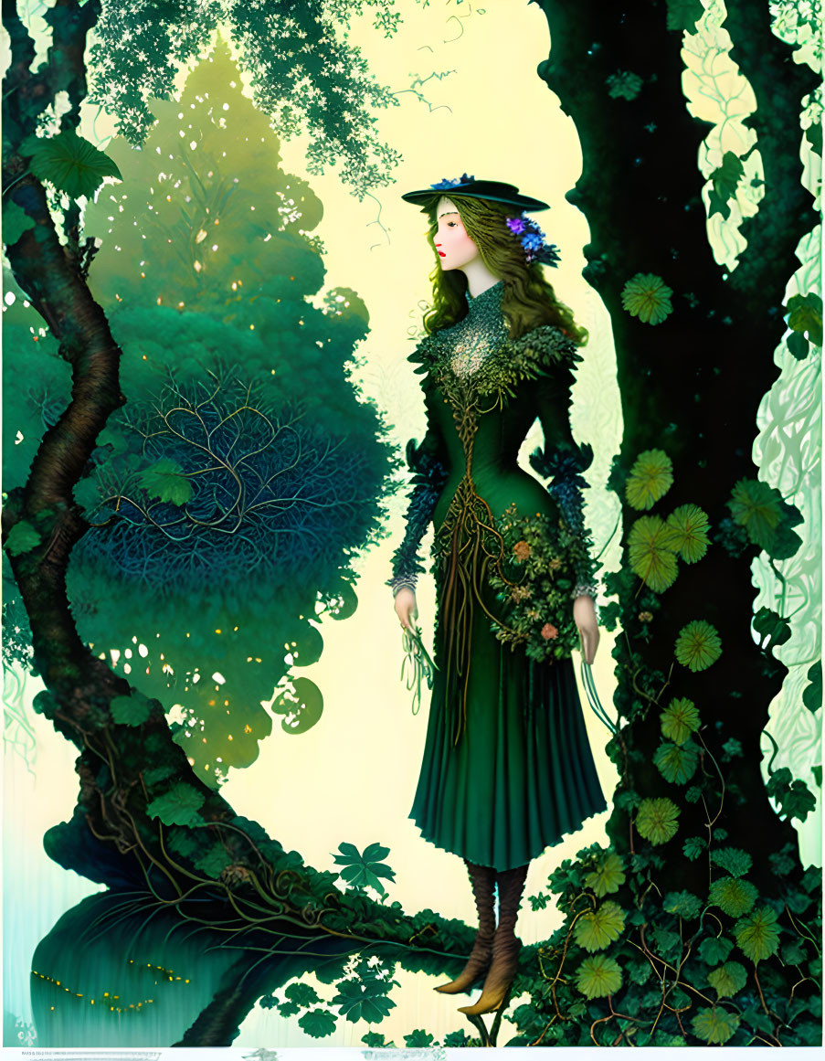 Victorian woman in green dress surrounded by lush forest scenery