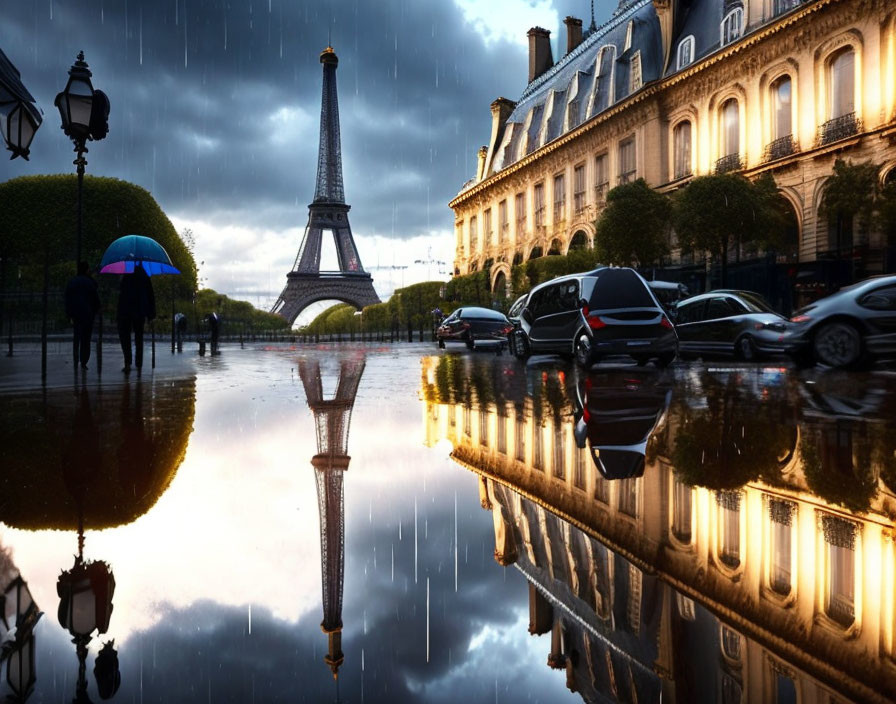 Paris Rainy Day Scene: People with Umbrellas, Wet Street, Eiffel Tower Background