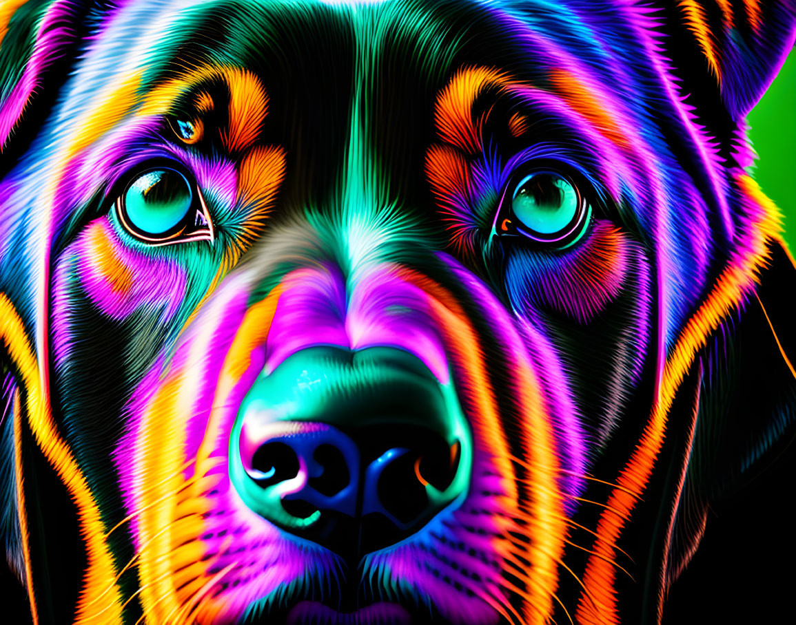 Colorful digital artwork of a dog with neon rainbow hues and detailed patterns.