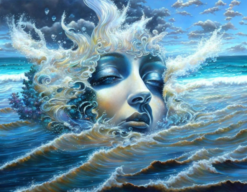 Surreal illustration: Woman's face merges with ocean waves