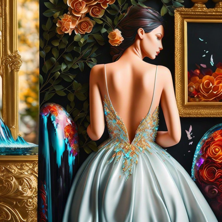 Woman in Blue Gown Surrounded by Flowers and Artistic Decor
