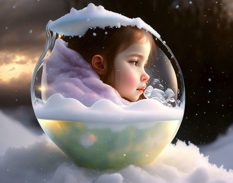 Digital artwork of serene girl in bubble on snow with sunlight.