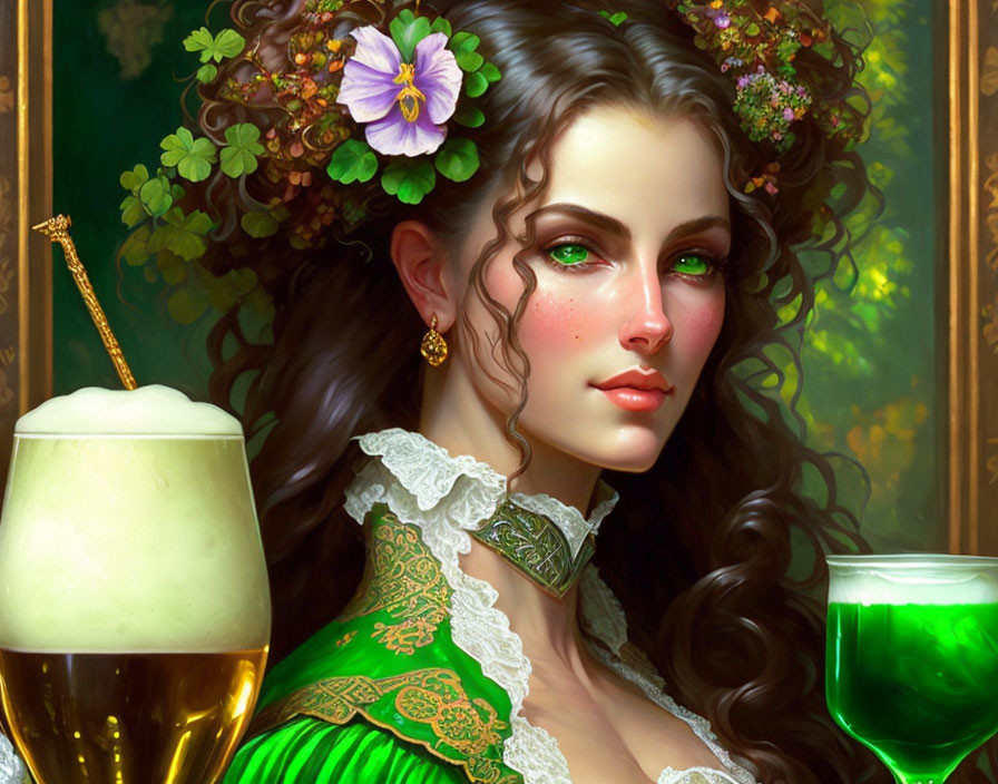 Portrait of Woman with Vibrant Green Eyes and Floral Hair Accessories Next to Beer and Green Liquid