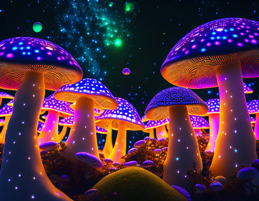 Colorful digital artwork: Luminescent mushrooms in blue and orange under a starry sky