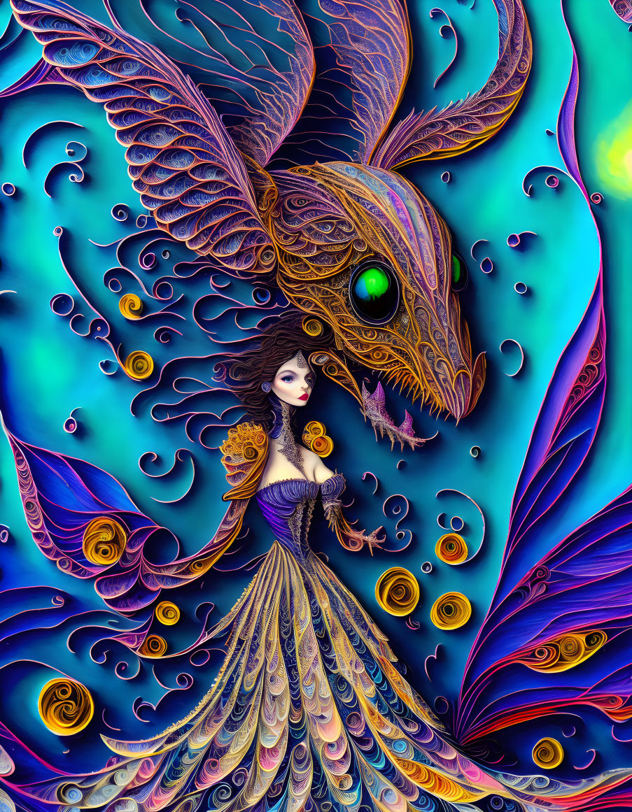 Detailed artwork of a woman with dark hair and a decorative gown next to a fantastical dragon with intricate