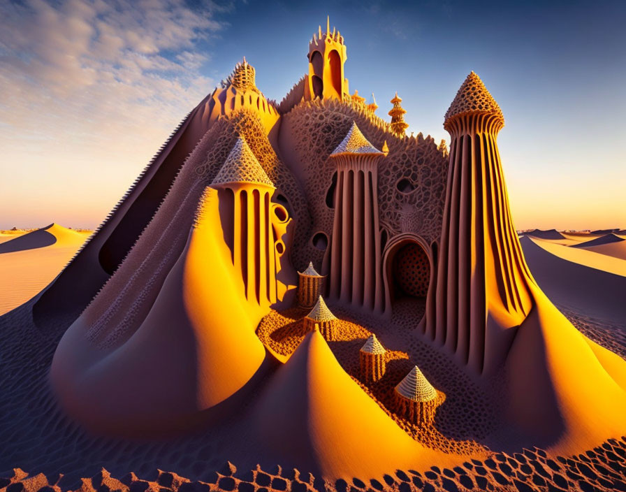 Detailed sandcastle blending with desert dunes at sunset