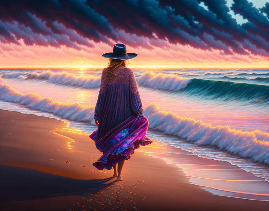 Woman in flowing dress and wide-brimmed hat on beach at sunset