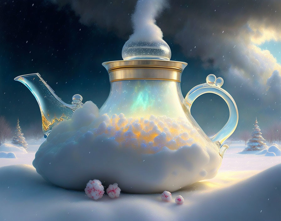 Surreal teapot with glowing cloud base in snowy landscape