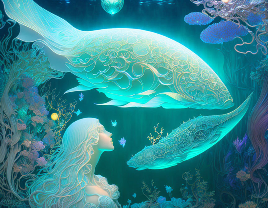 Glowing whale and woman in intricate underwater scene