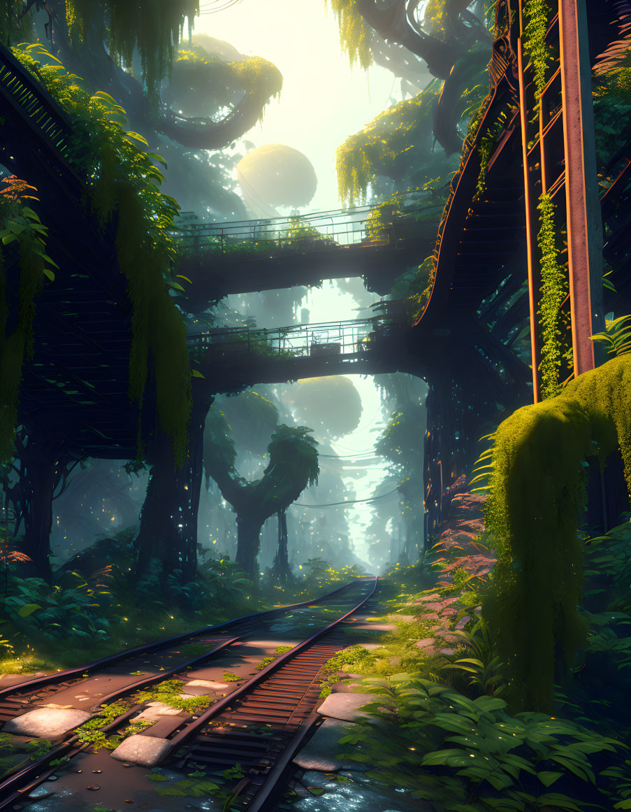 Jungle landscape with railway tracks, verdant bridges, and misty orbs