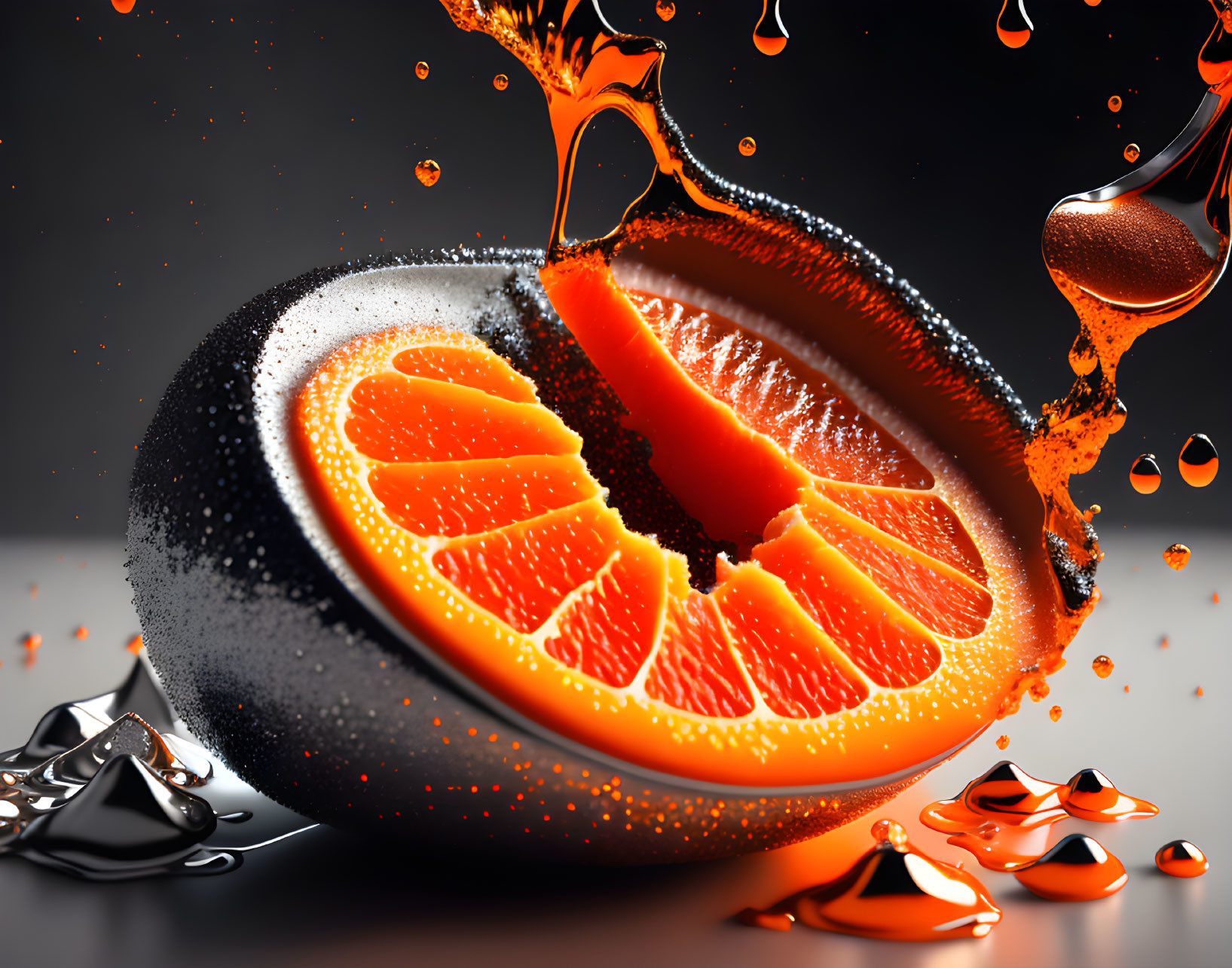 Bright orange slice with droplets and dynamic splash on reflective surface