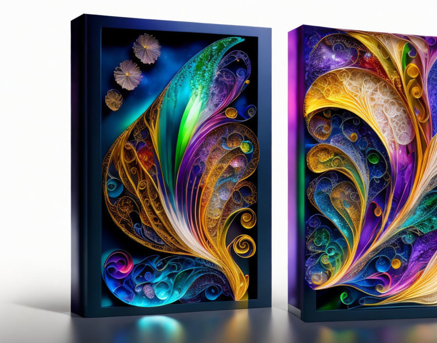 Abstract Art Pieces: Swirling Patterns, Cosmic Elements, Rich Colors, Golden Accents