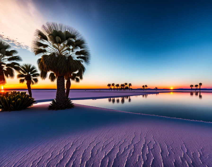 Silhouetted palm trees at sunset over serene water and sandy ripples