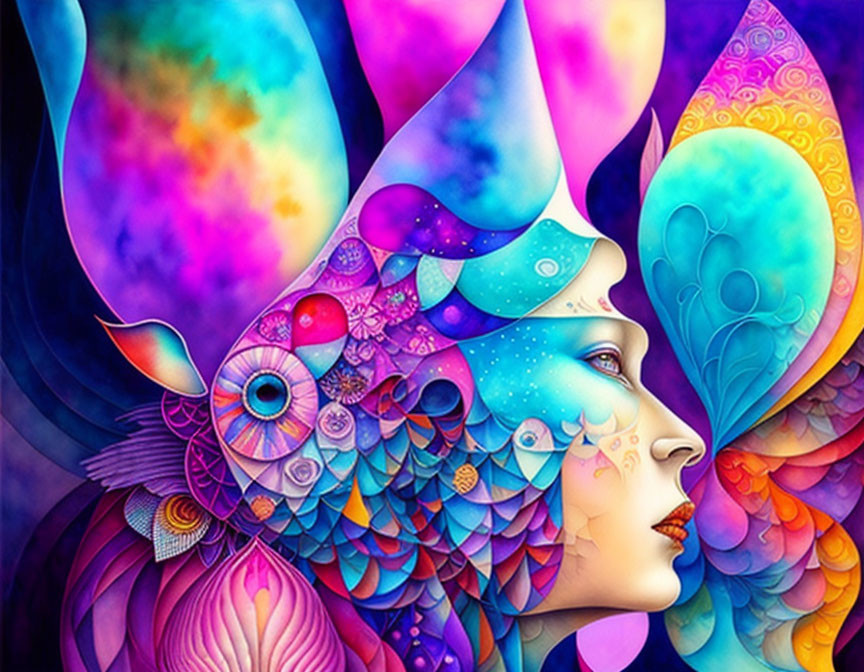 Colorful digital artwork of a woman with fish-like features and abstract patterns.