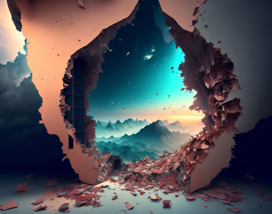 Surreal torn wall reveals mountain landscape under starry sky