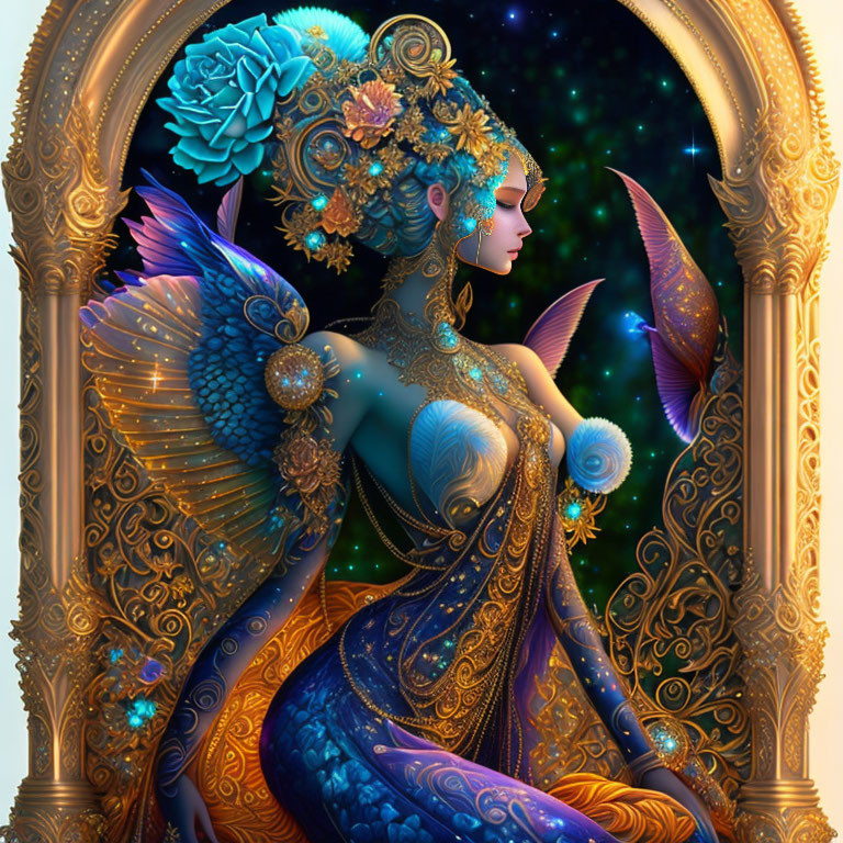Mythical fairy illustration with golden and blue wings in decorative frame