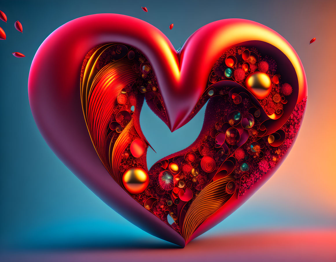 Stylized 3D digital heart artwork with intricate patterns and reflective spheres on colorful gradient background