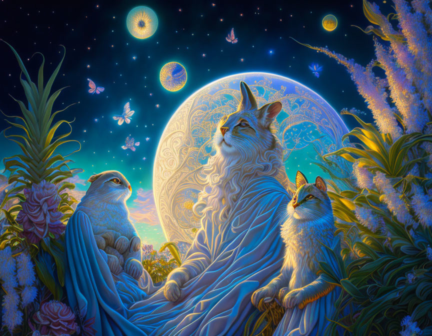 Majestic long-haired cat in blue cloak with smaller creatures under starry night sky