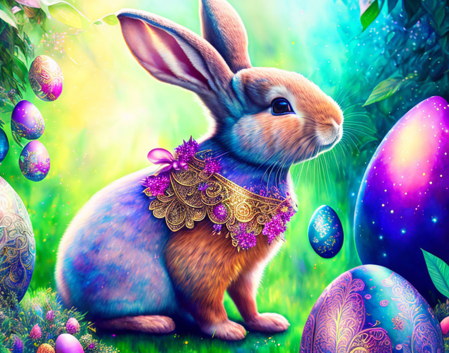 Vibrant Easter rabbit with jewelry in magical forest scene