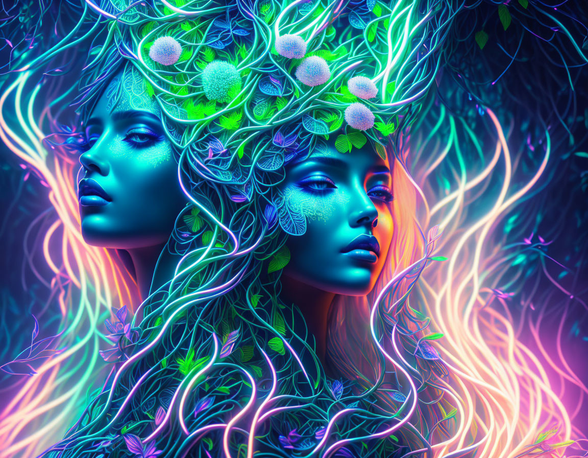 Ethereal female figures with glowing skin and floral headpieces intertwined with luminescent foliage