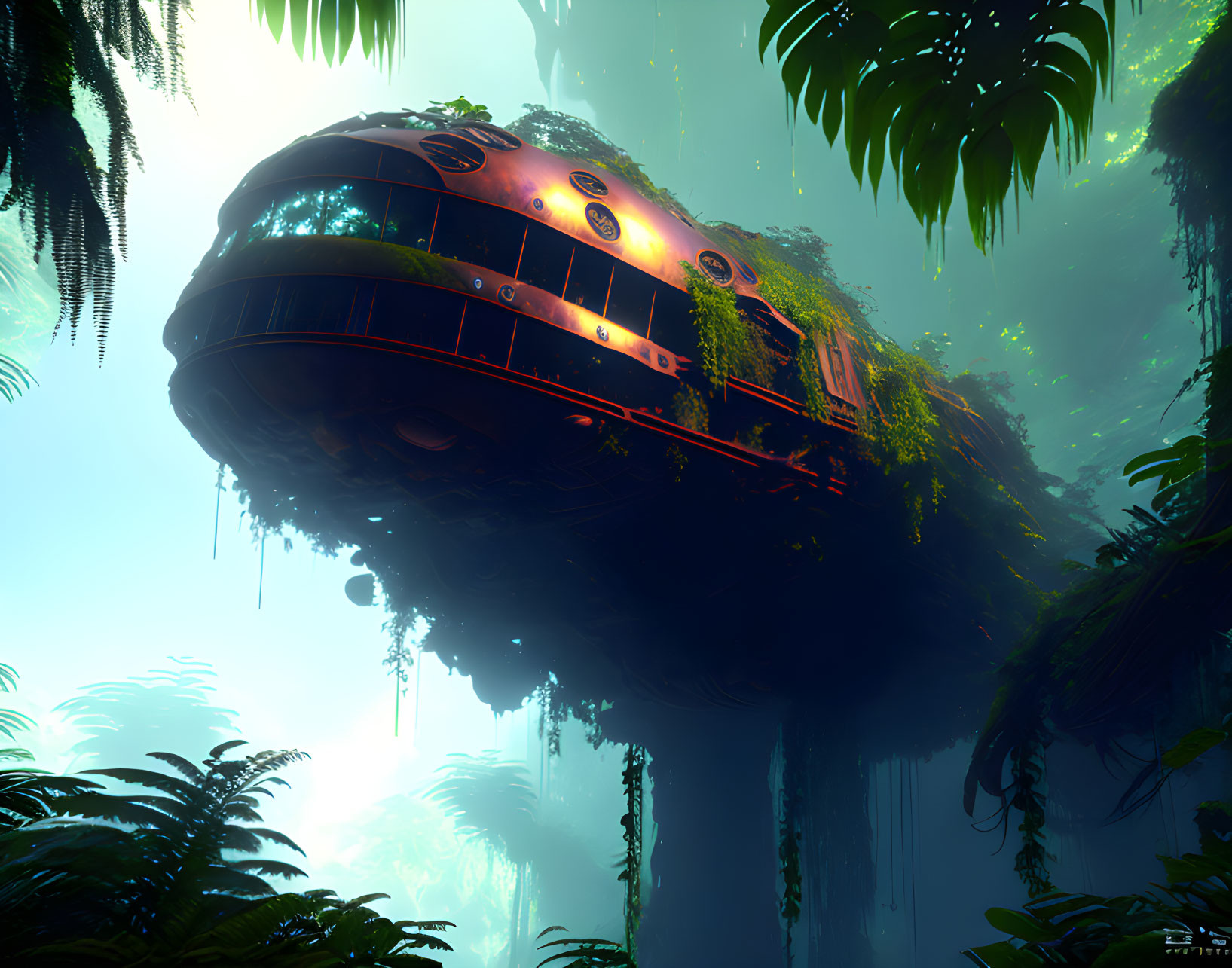 Overgrown futuristic train car in misty jungle with light rays.