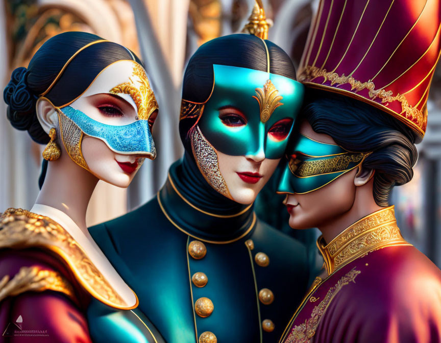 Three individuals wearing ornate Venetian masks and regal costumes at a colorful carnival.