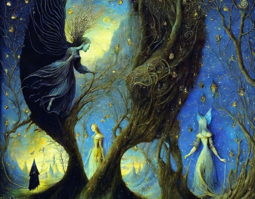 Ethereal beings and enchanted trees in mystical forest scene