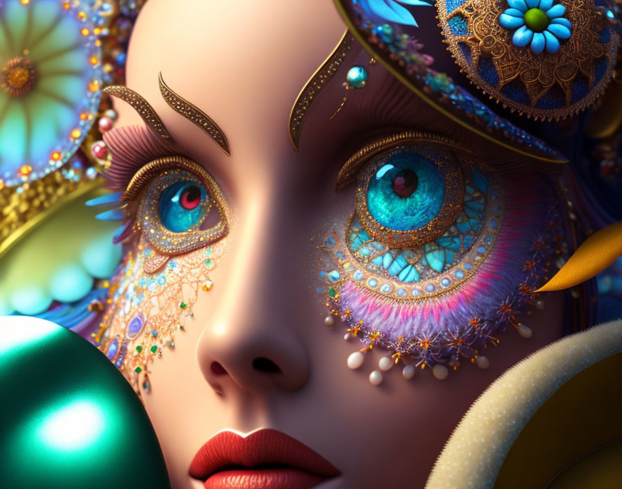 Colorful 3D illustration: Female character with intricate makeup, vibrant eyes, ornate jewelry