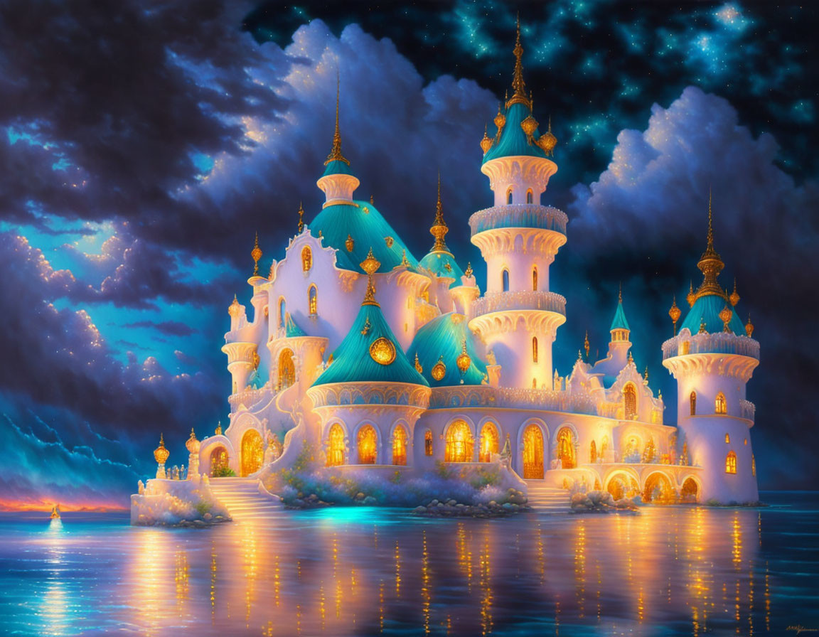 Turquoise domed fairytale castle under twilight sky and stars