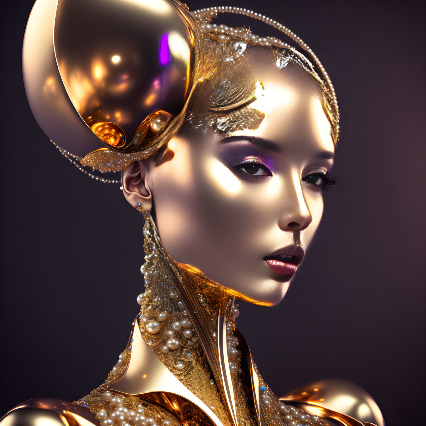 Woman with Golden Makeup and Ornate Headdress: Elegant and Futuristic Portrait