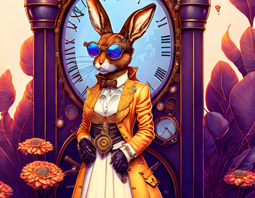 Anthropomorphic rabbit in Victorian outfit with clock backdrop