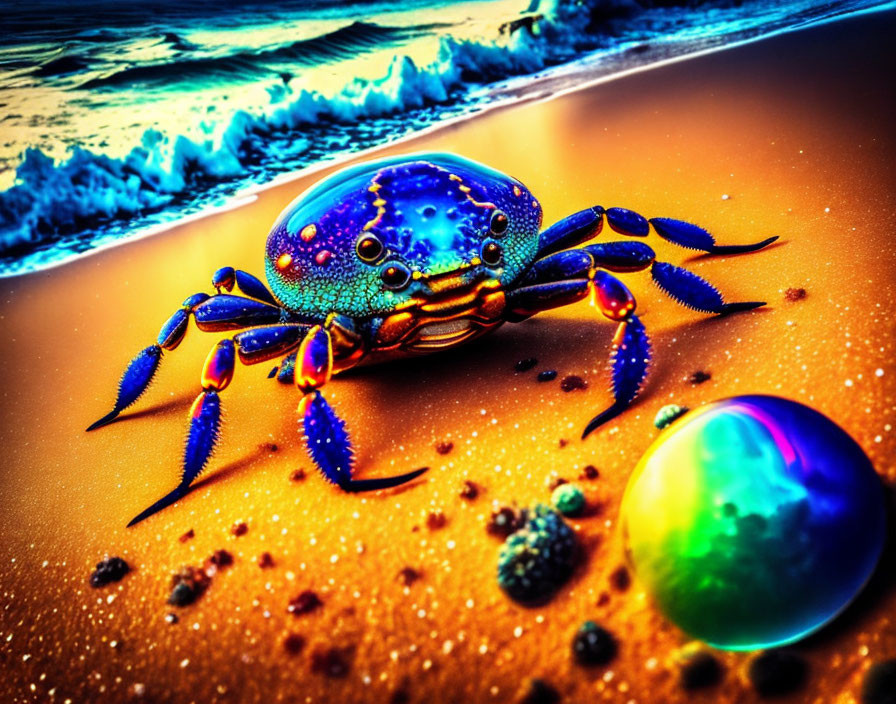 Colorful Crab on Sandy Beach with Bubble and Waves in Surreal Edit