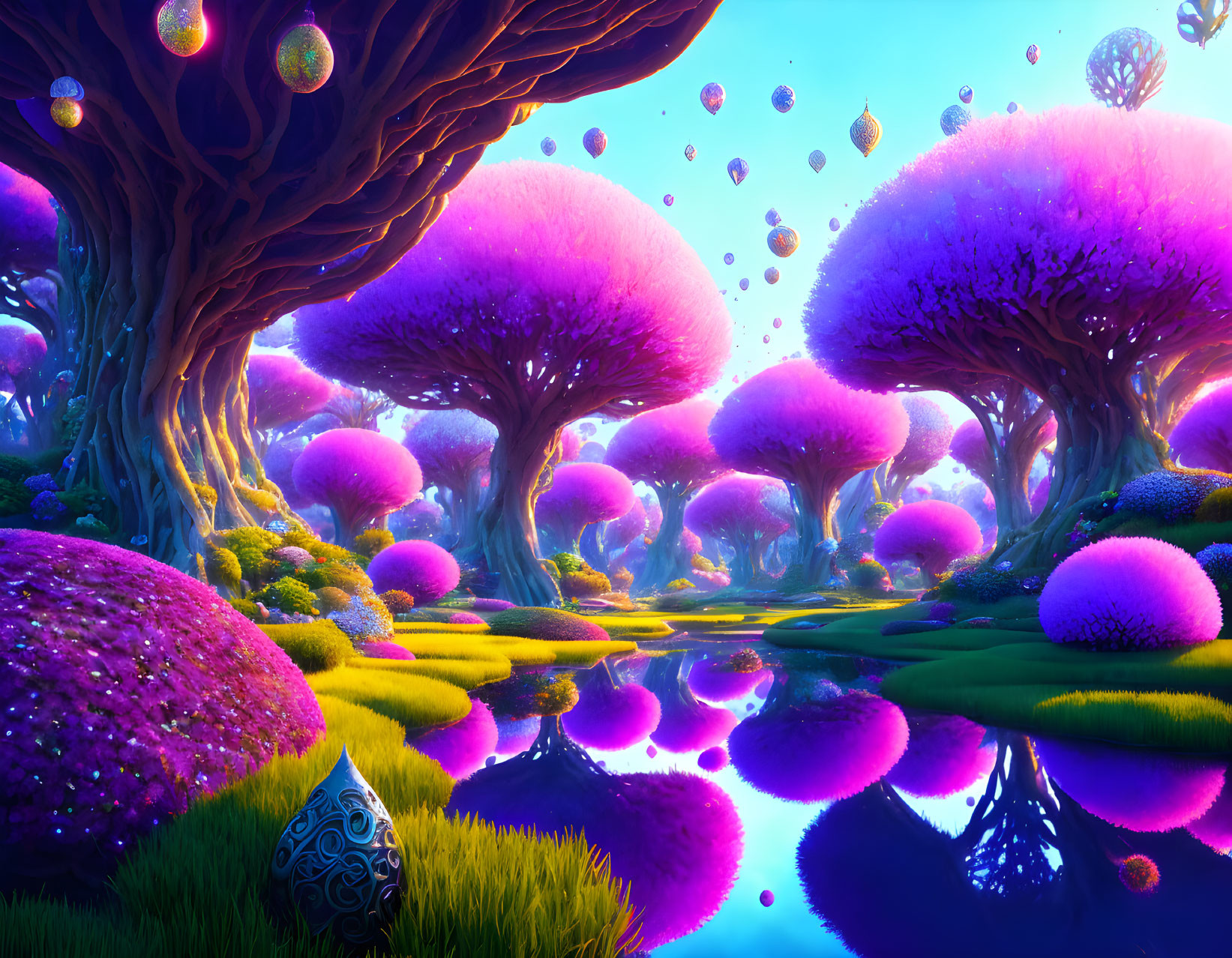 Fantastical landscape with purple and pink foliage and floating orbs.