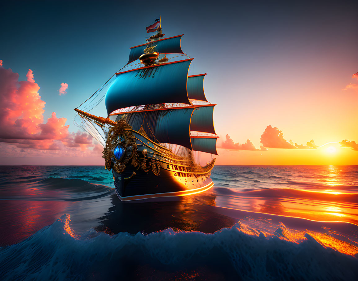 Ornate sailing ship with blue sails on ocean at sunset