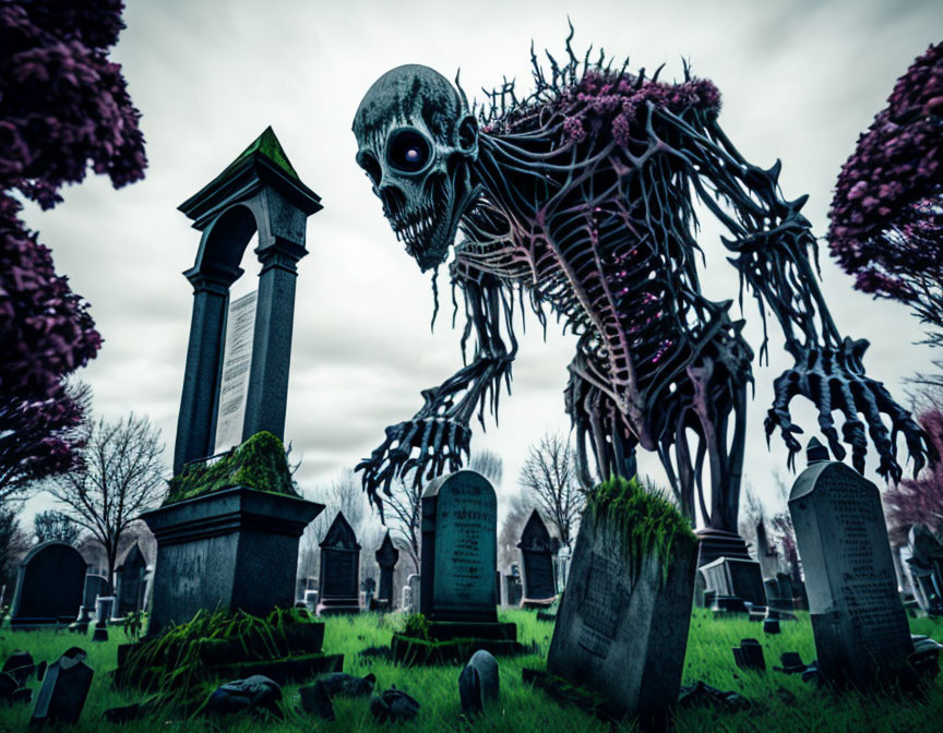 Eerie skeletal figure in gloomy graveyard with purple foliage