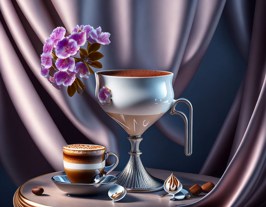 Surreal digital artwork: levitating coffee cup, glass goblet, purple flowers, satin curtains