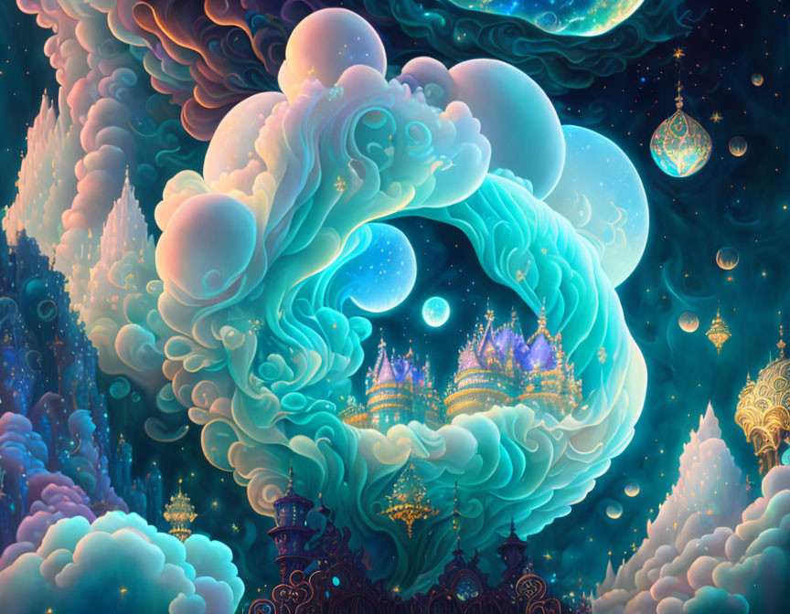 Vibrant wave with glowing orbs and dreamlike castles in starry sky