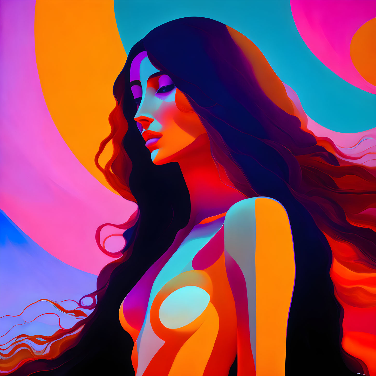 Colorful surreal portrait of a woman with flowing hair and bold shapes