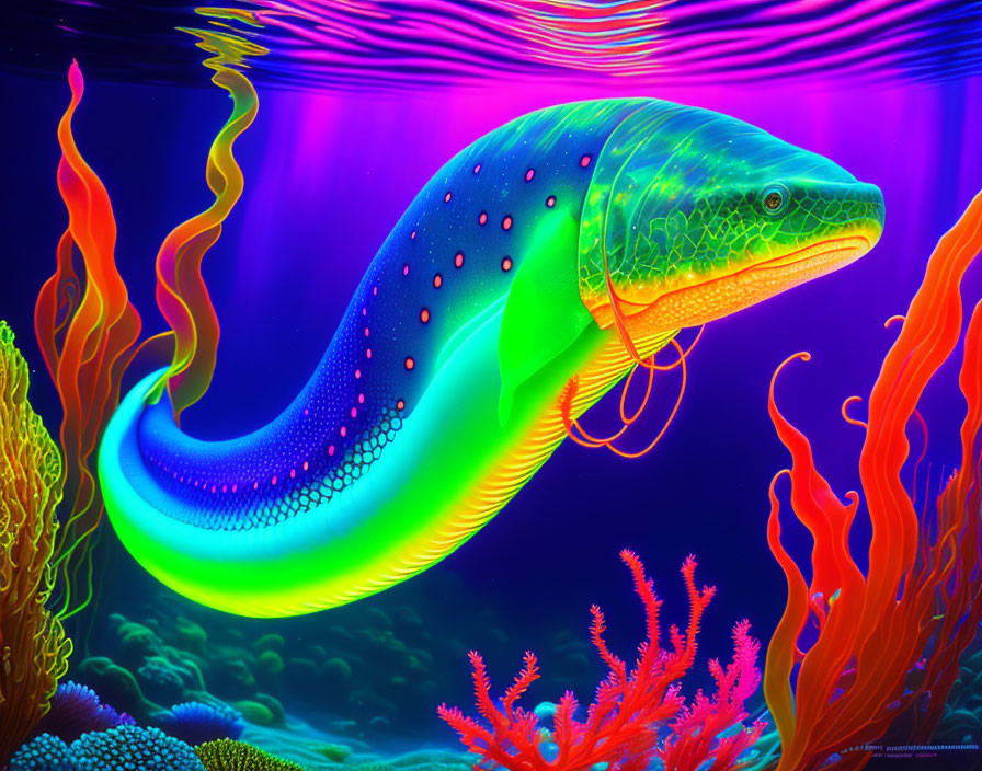 Fantastical neon whale swimming in vibrant underwater scene