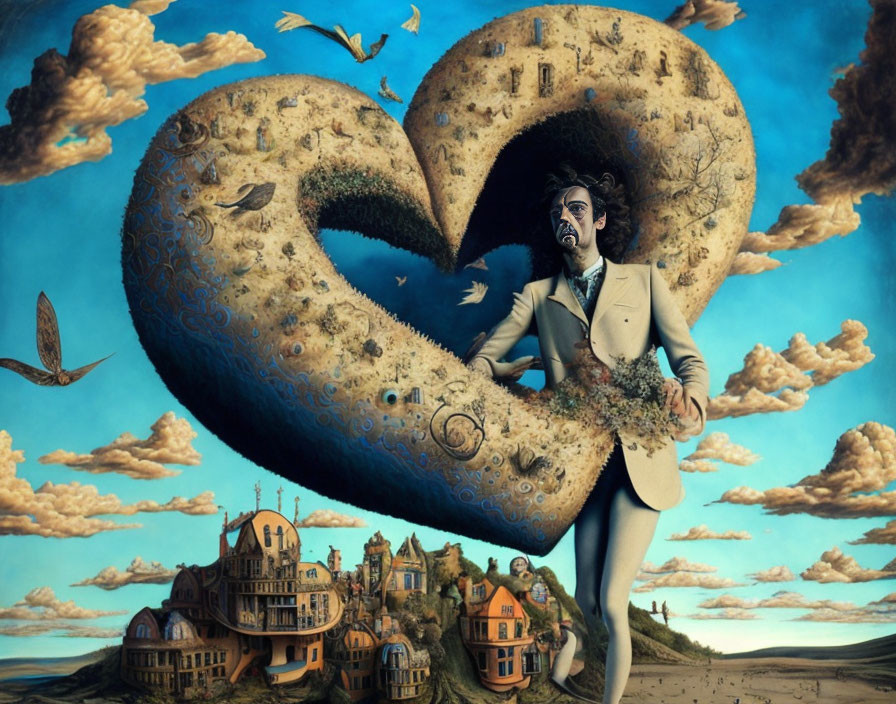 Surreal artwork: man with infinity symbol structure, patterns, homes, birds, blue sky