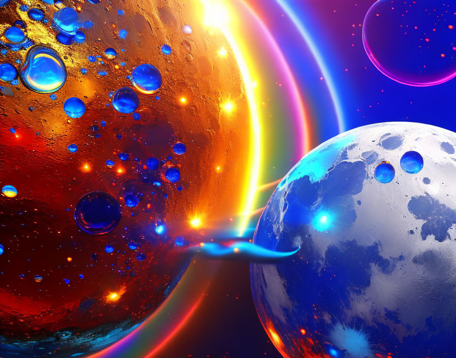 Colorful cosmic scene with rainbow arc, bubbles, and planets on blue background