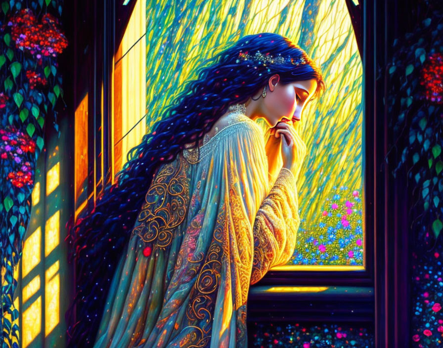 Ornately dressed woman by stained-glass window in contemplation