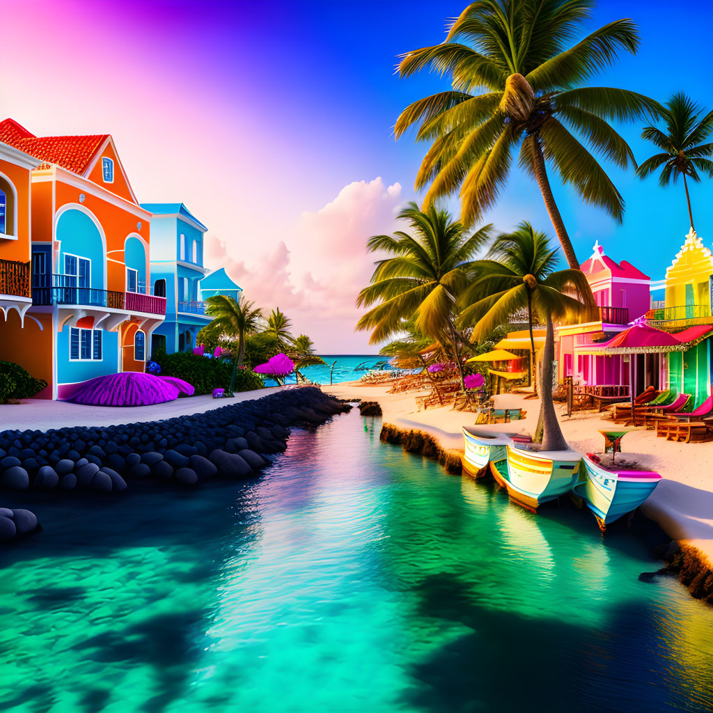 Vibrant beachfront buildings by turquoise canal with moored boats and palm tree under pink-purple sunset