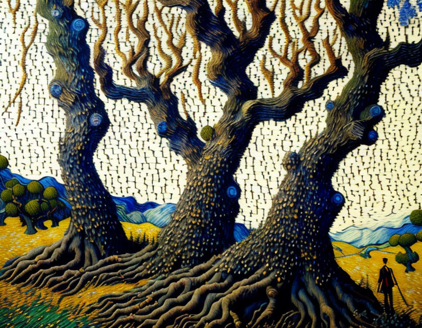 Surreal painting of twisted trees with eye-like patterns, person, starry sky, hilly